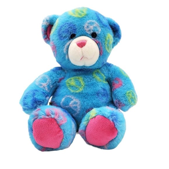 Build A Bear‎ Peace Sign Teddy Bear Stuffed Animal Plush 14" Blue Pink 2010 - Picture 1 of 7